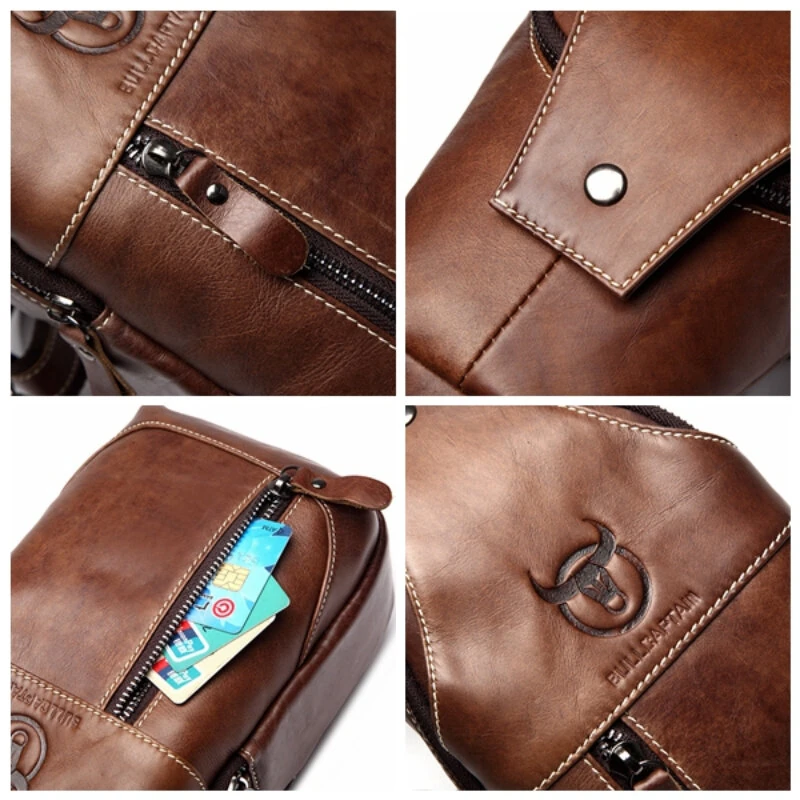 (image for) BULLCAPTAIN Men Genuine Leather Wear Resisting Textured Business Casual Brown Black Chest Bag Shoulder Crossbody Bag