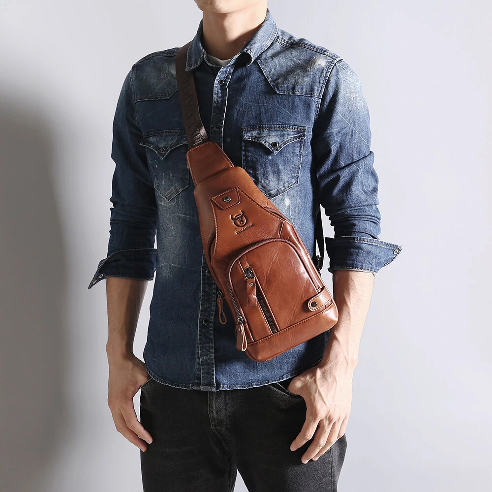 (image for) BULLCAPTAIN Mens Genuine Leather USB Charging Large Capacity Business Casual Chest Bag Shoulder Crossbody Bag